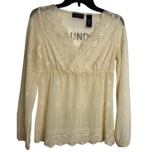 Vintage Y2k 00s Ivory Lace Fairy Coquette Boho Romantic Long-Sleeve Top S